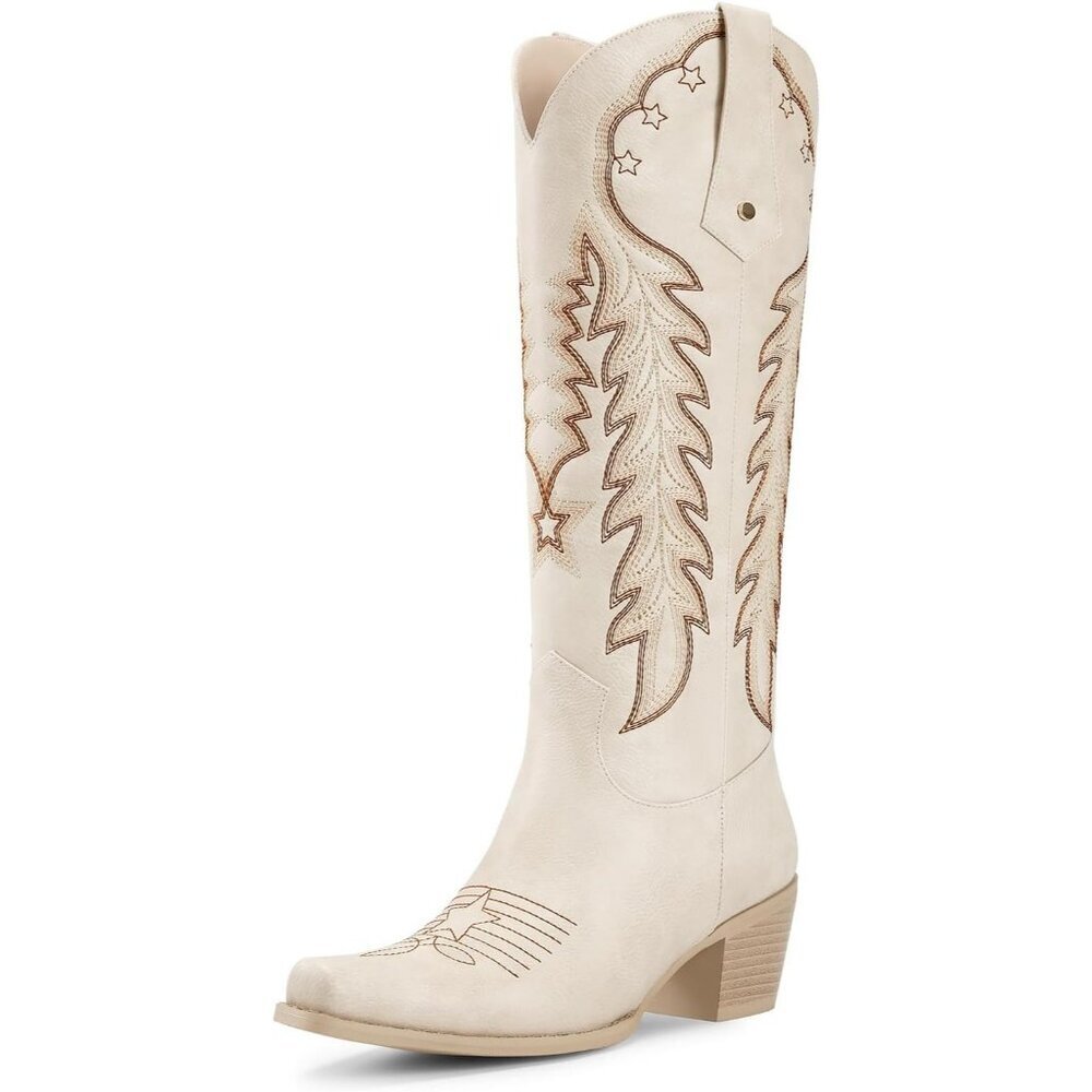 Women's Beige Knee High Cowgirl Boots Retro Embroidered Chunky Heels Pointed Toe